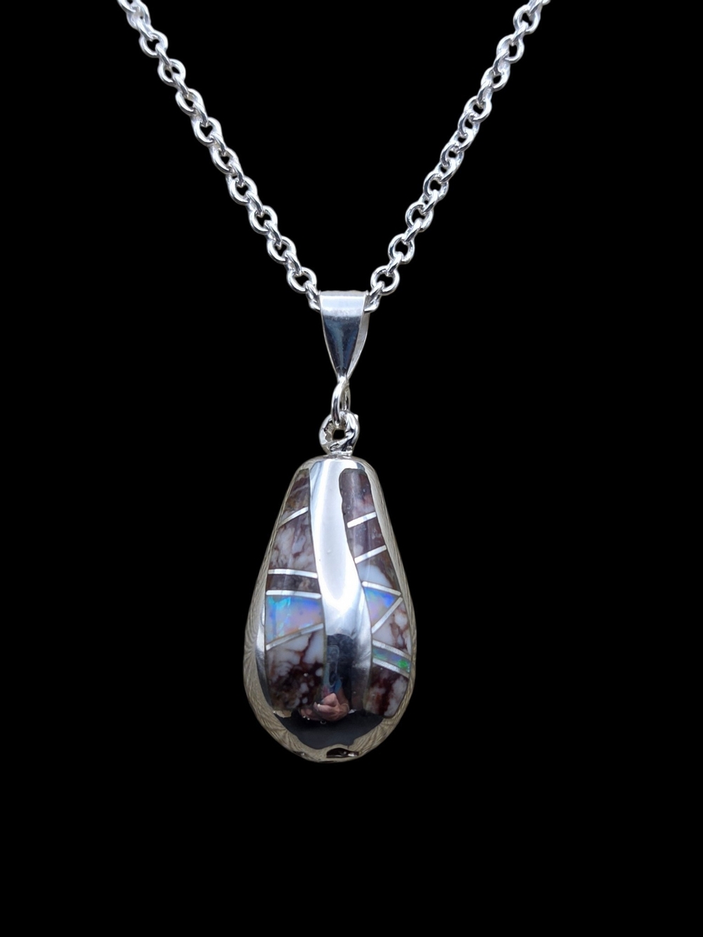 Sterling Silver Teardrop Inlay Pendant Necklace - Iridescent Blue Accents